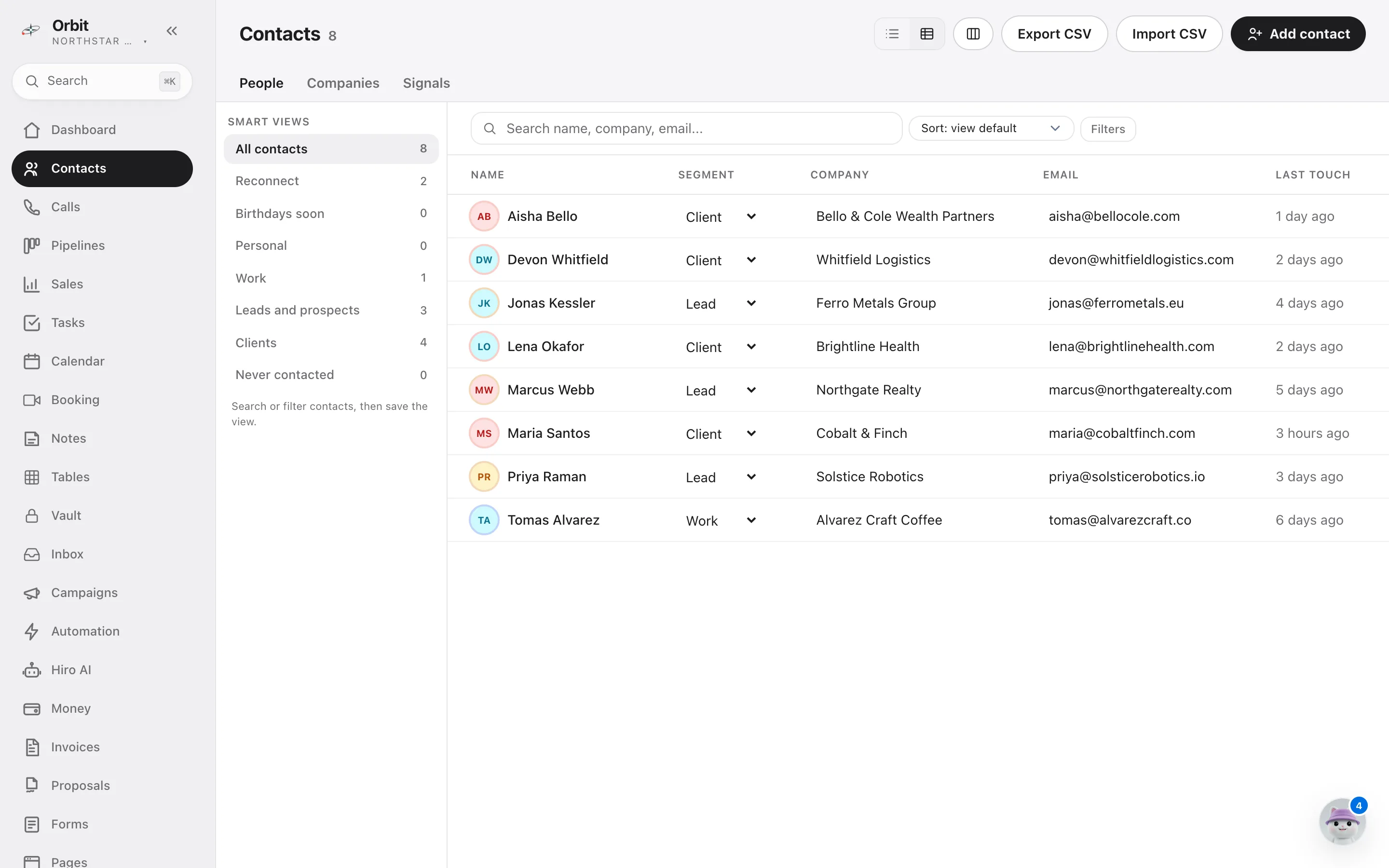 Orbit CRM contacts list