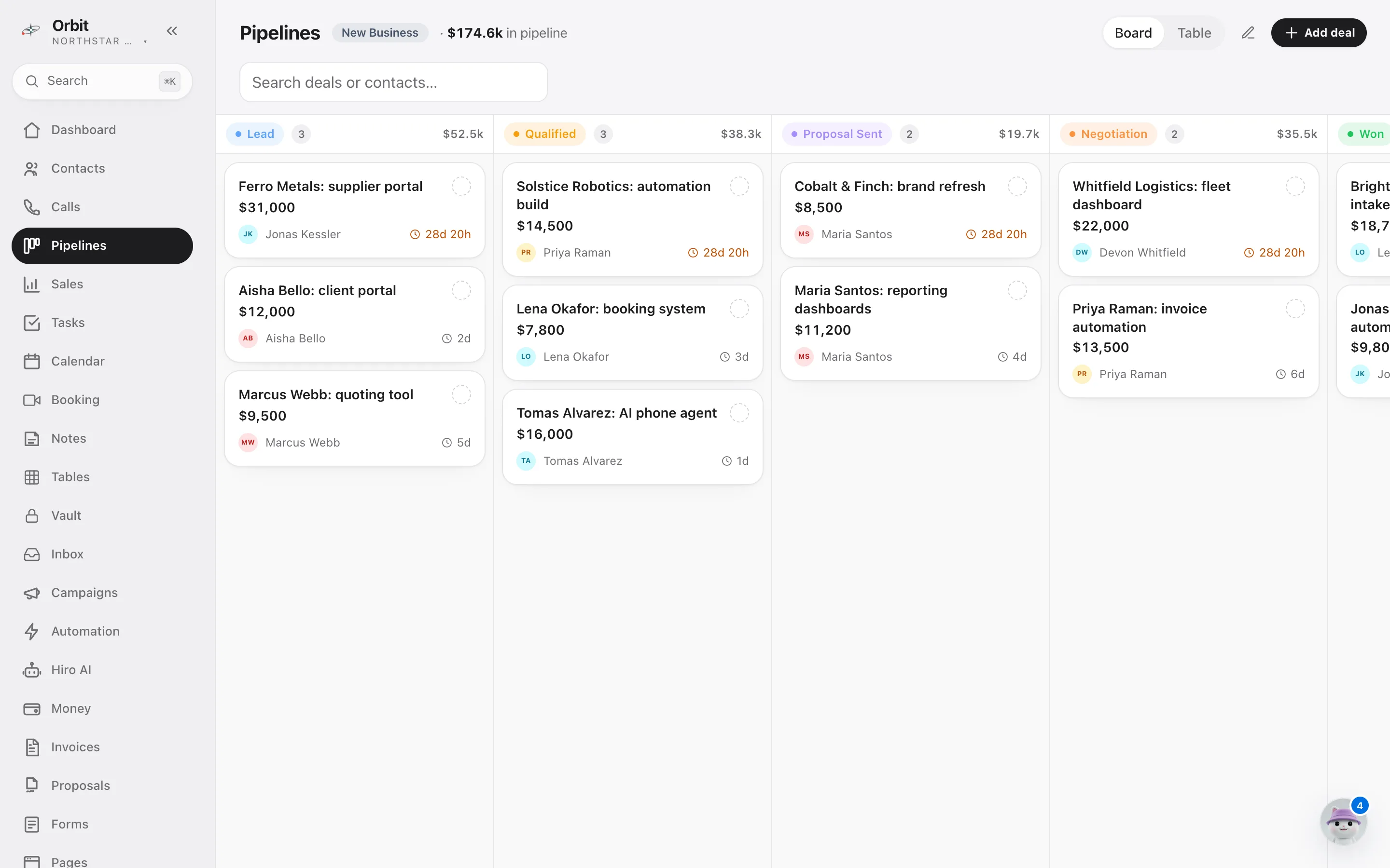Orbit CRM pipeline board with live deals, built by Neil